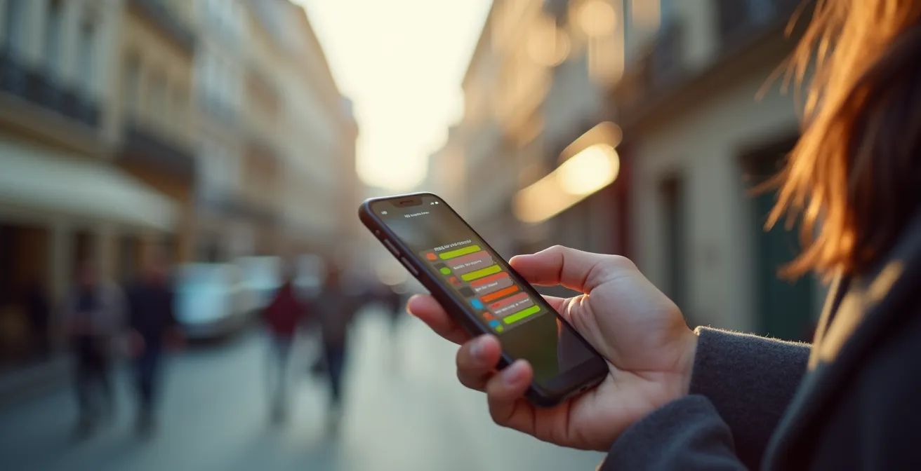 Main tenant un smartphone montrant une checklist d'urgence avec carte de ville floue en arrière-plan