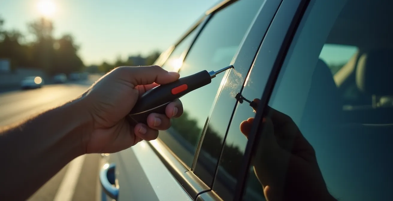 Personne utilisant un brise-vitre d'urgence sur une vitre latérale arrière de voiture avec enfant visible à distance