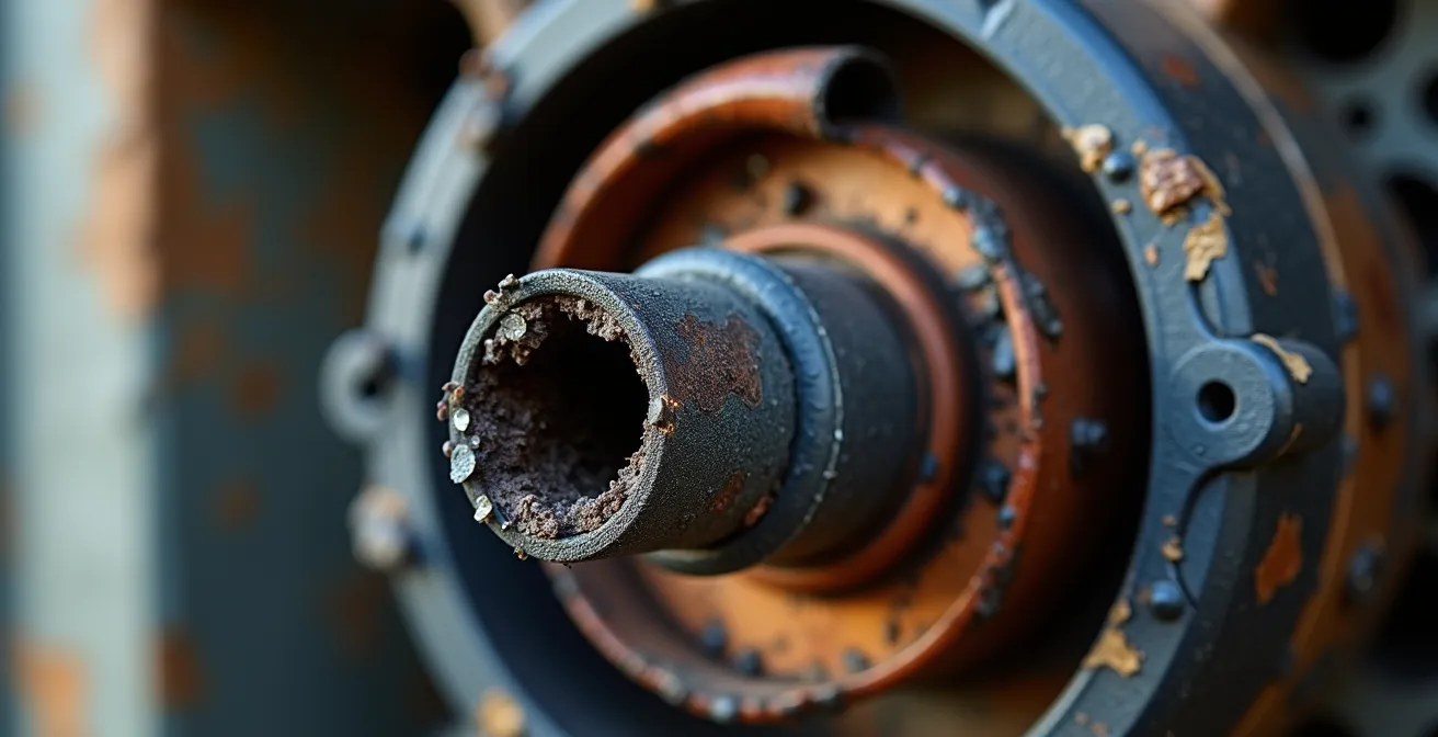 Gros plan macro sur une connexion électrique défectueuse montrant des traces de carbonisation