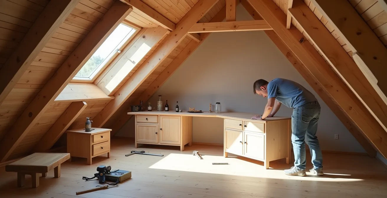 Artisan professionnel ajustant précisément un meuble dans une sous-pente
