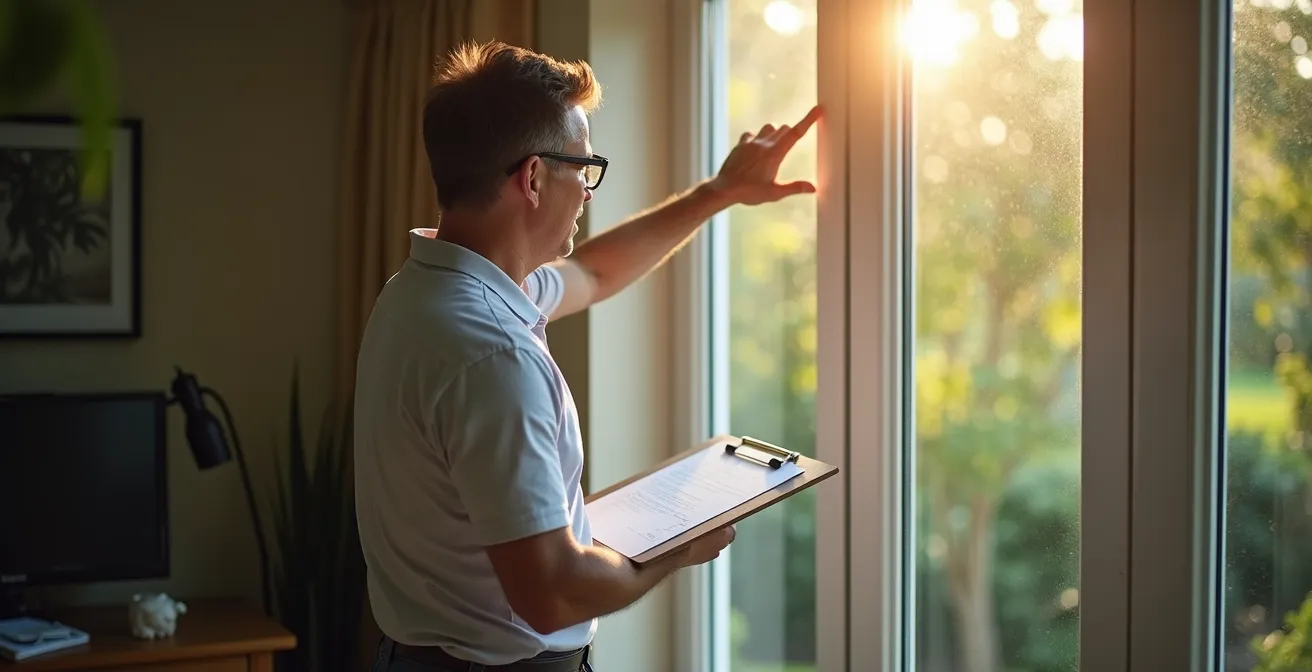 Propriétaire inspectant méthodiquement les points d'accès vulnérables d'une maison avec une checklist