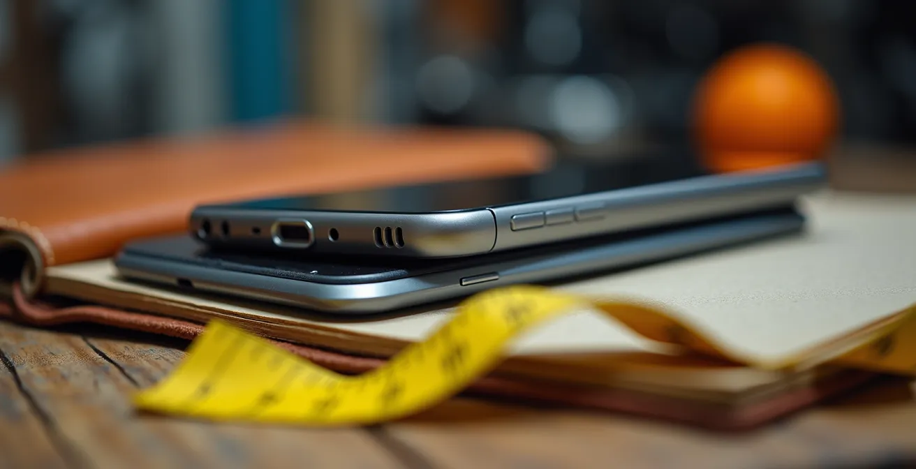 Smartphone et carnet de notes posés sur un plan de travail avec outils de bricolage flous en arrière-plan