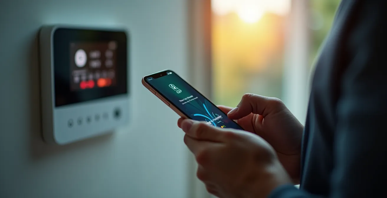 Main tenant un téléphone avec une notification d'urgence, une centrale d'alarme moderne en arrière-plan flou.