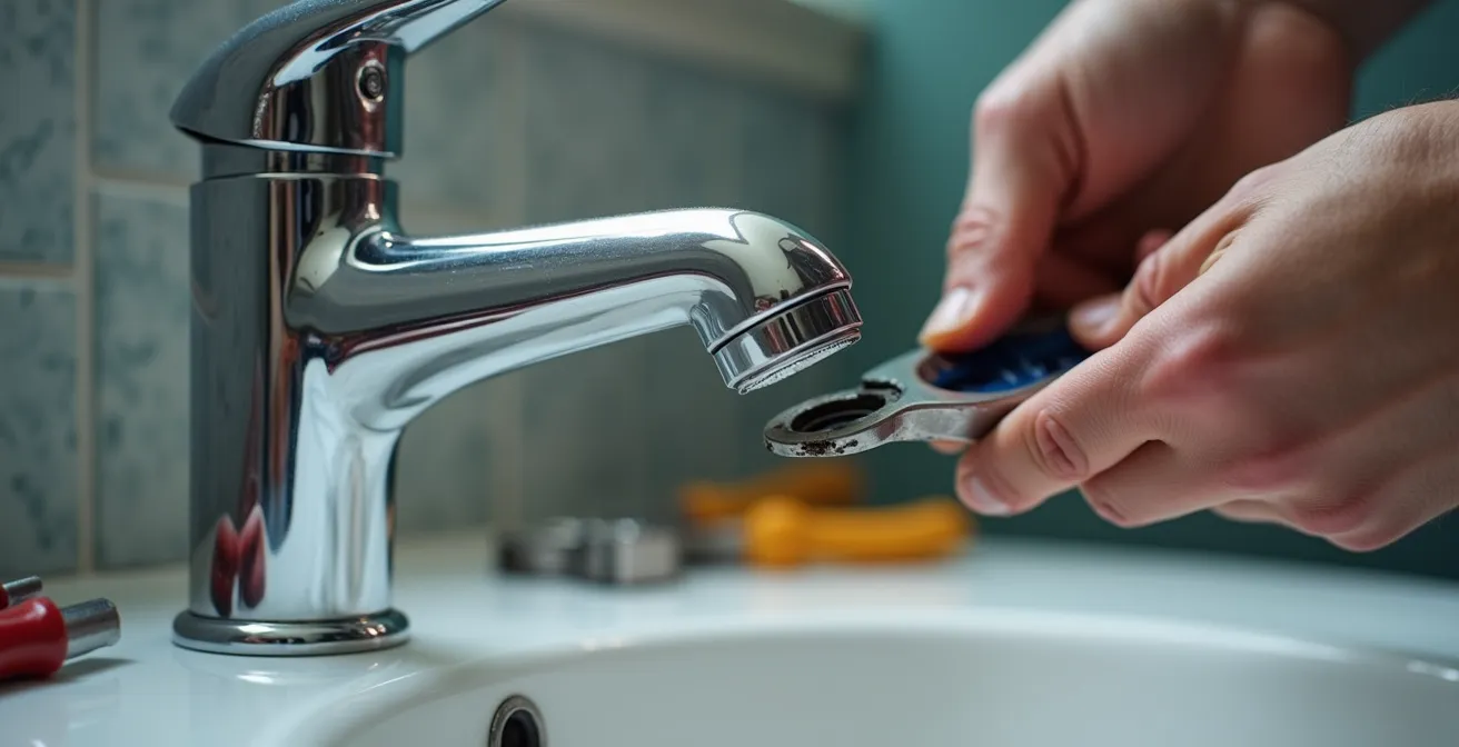 Gros plan sur des mains changeant un joint de robinet avec des outils disposés à proximité