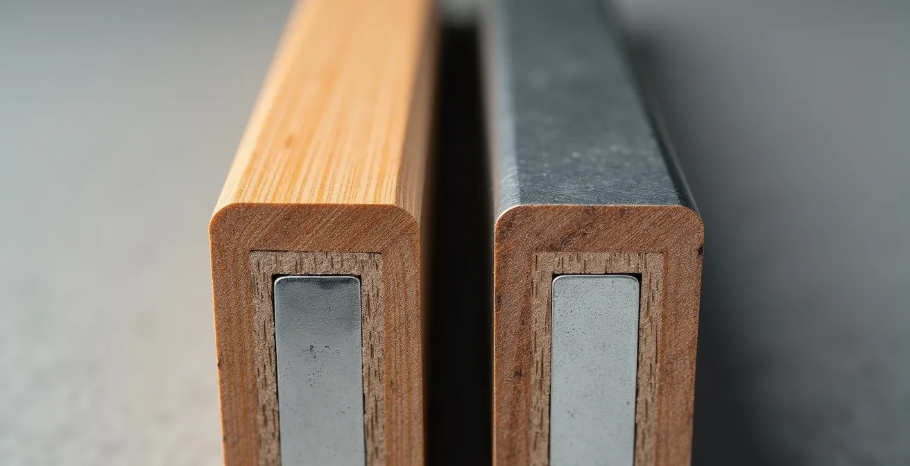 Coupe transversale montrant la différence entre un blindage rapporté et un bloc-porte blindé