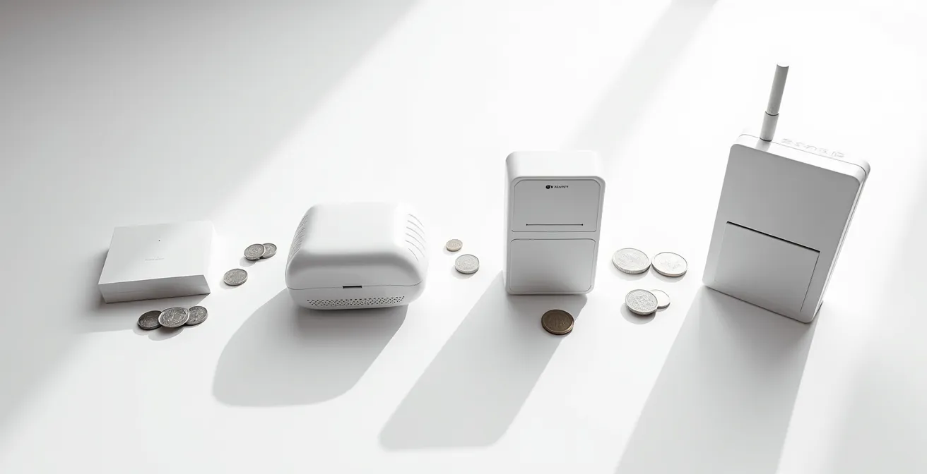 Composition minimaliste montrant différents composants de systèmes d'alarme avec des symboles économiques abstraits.