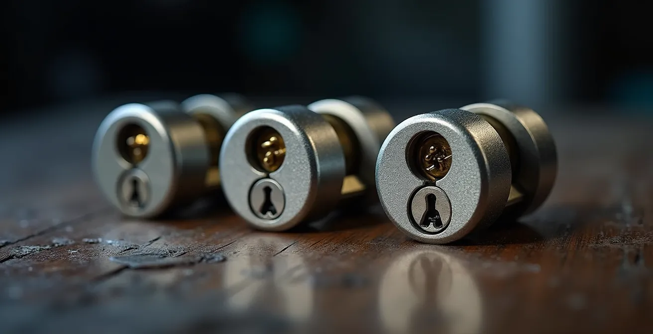 Trois cylindres de serrure A2P de différents niveaux disposés sur un établi de serrurier