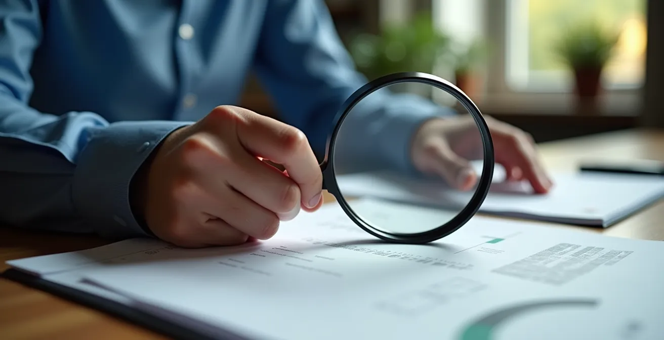Personne examinant attentivement des documents d'assurance avec une loupe