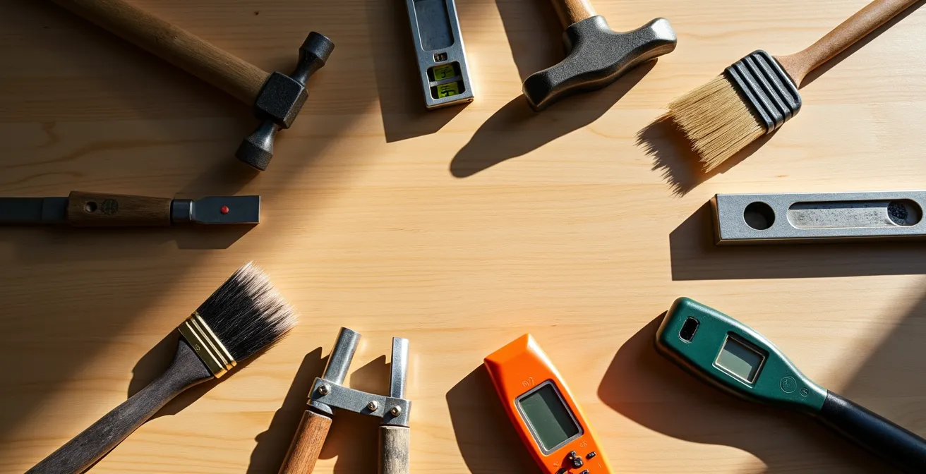 Scène symbolique de coordination avec outils d'artisans disposés en cercle sur plan de travail