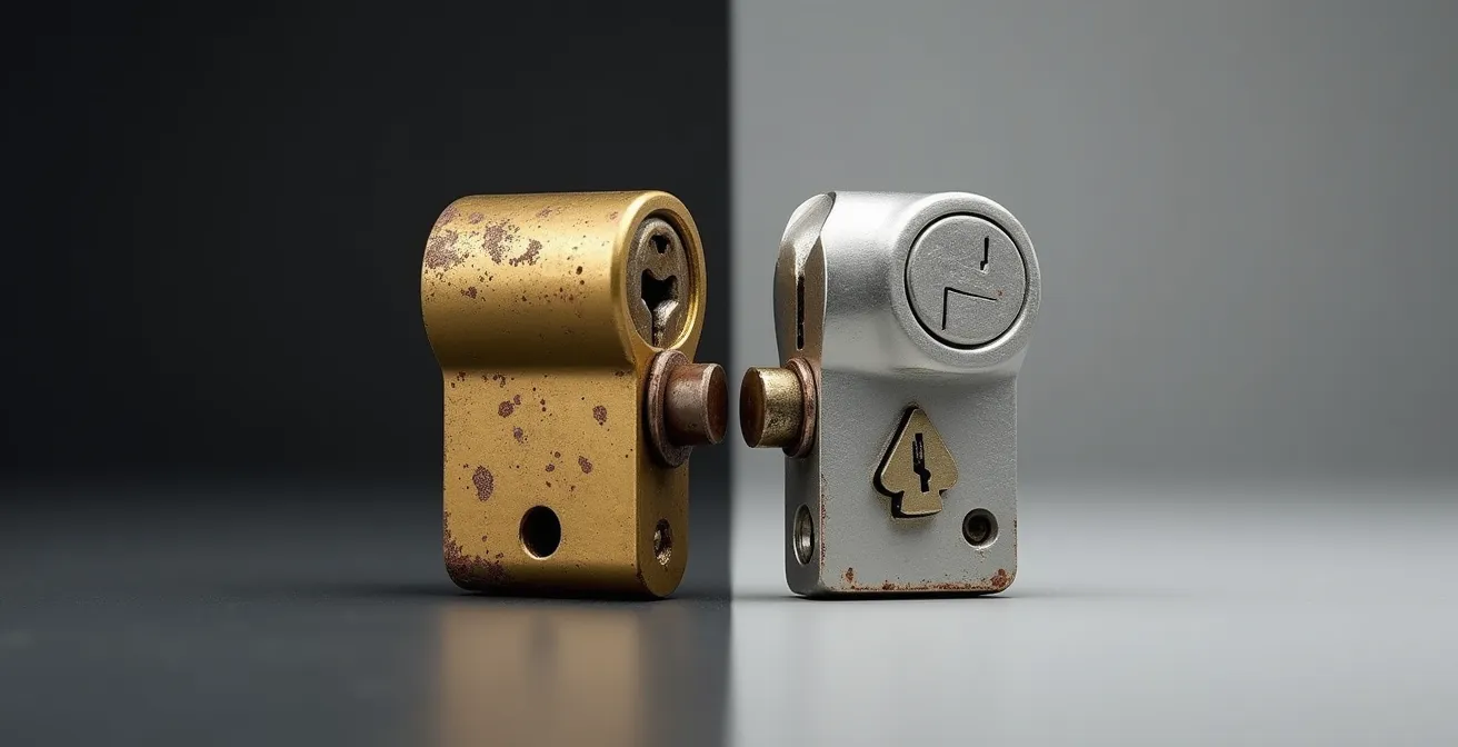Comparaison visuelle entre un cylindre bas de gamme et un cylindre haute sécurité sur fond neutre