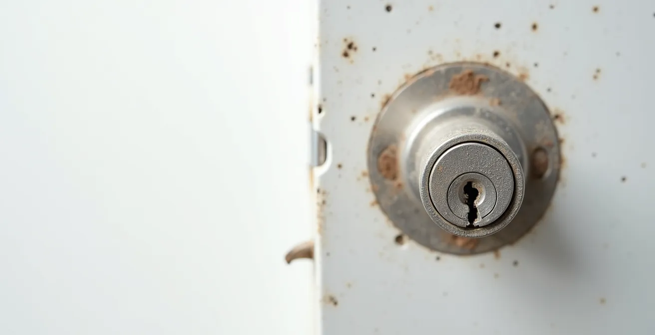 Vue latérale minimaliste d'un cylindre de serrure encrassé isolé sur fond épuré avec accumulation visible de poussière