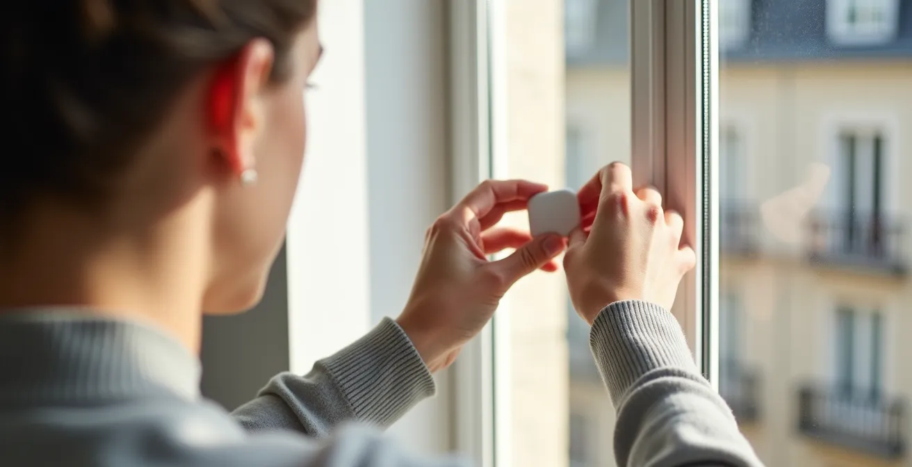 Installation d'un détecteur adhésif sur une fenêtre oscillo-battante en PVC