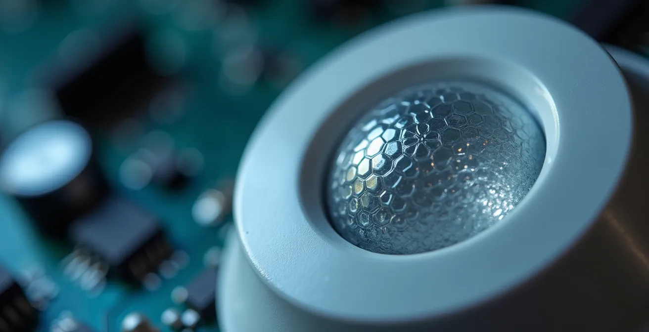 Vue macro d'un capteur de détecteur de mouvement montrant la lentille de Fresnel et les composants internes