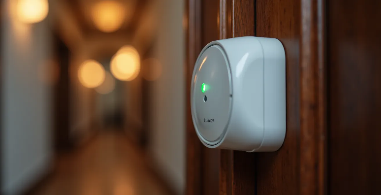 Détecteur magnétique blanc visible sur une porte d'entrée française