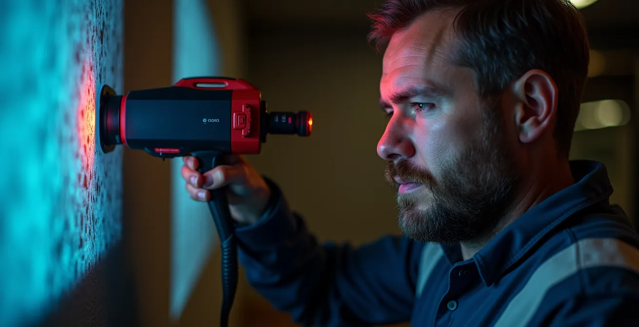 Portrait serré d'un professionnel utilisant une caméra thermique sur un mur