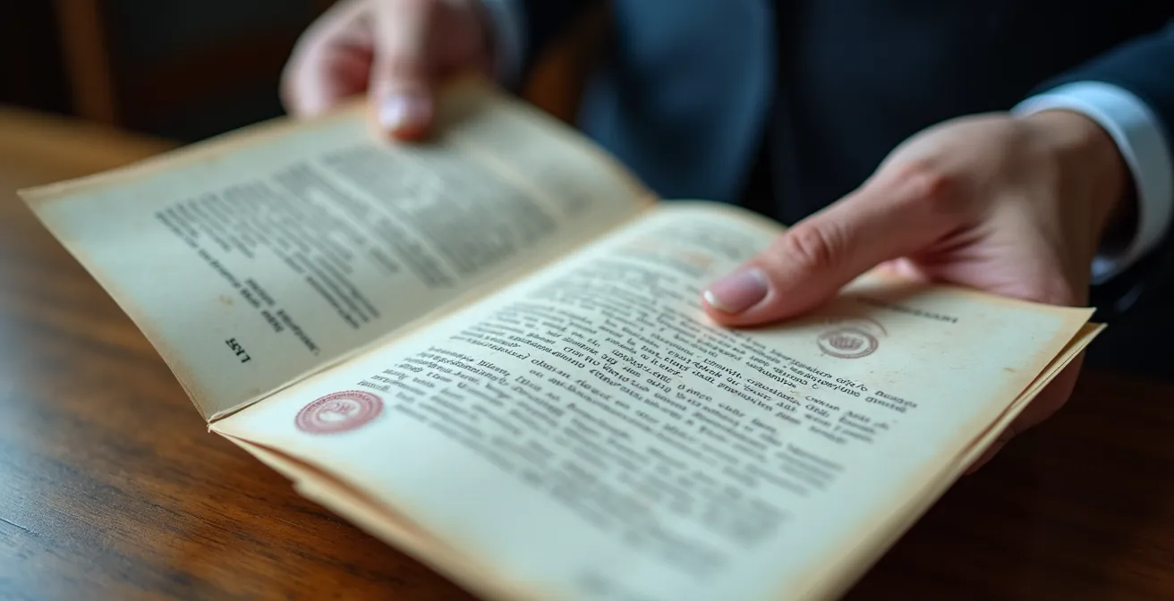 Main tenant des documents officiels de certification avec tampons et sceaux visibles en arrière-plan flou