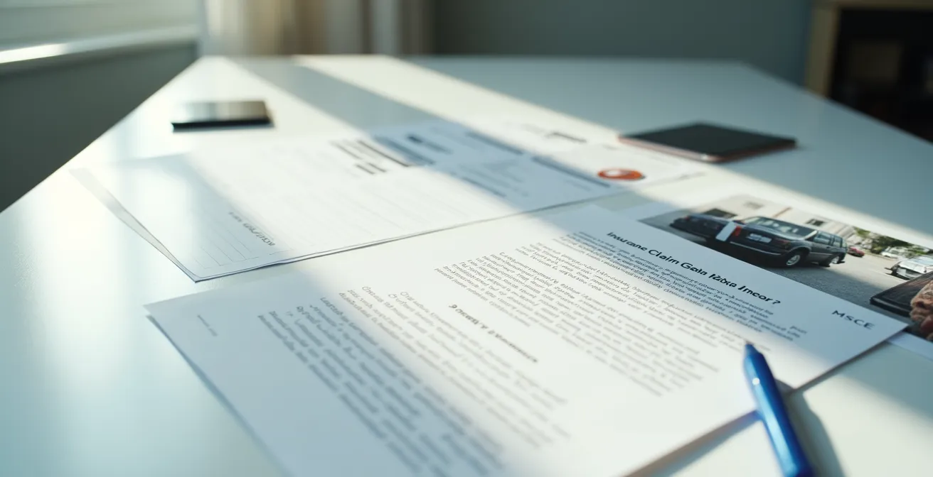 Bureau avec documents de déclaration de sinistre, factures et photos de serrure endommagée étalés sur une table