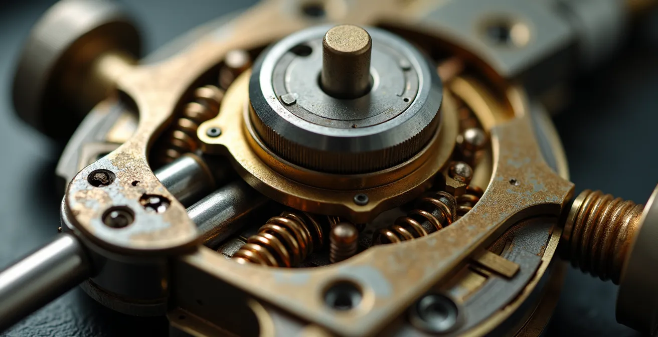 Vue macro détaillée d'un mécanisme de serrure multipoints haute sécurité avec ses composants internes visibles