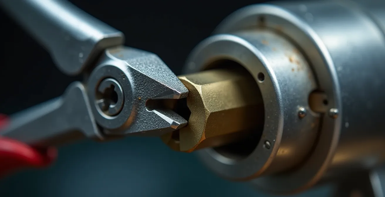 Vue rapprochée d'une pince plate saisissant délicatement une clé coincée dans un cylindre de serrure