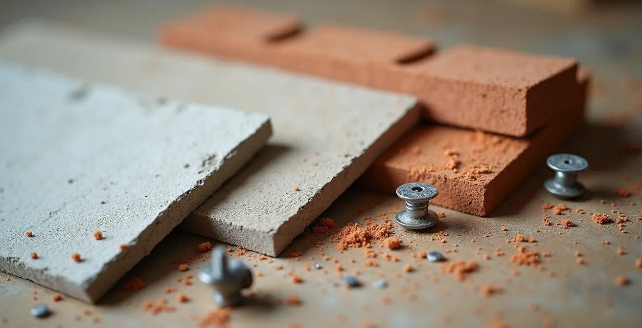 Vue rapprochée d'échantillons de différents matériaux de mur avec chevilles correspondantes