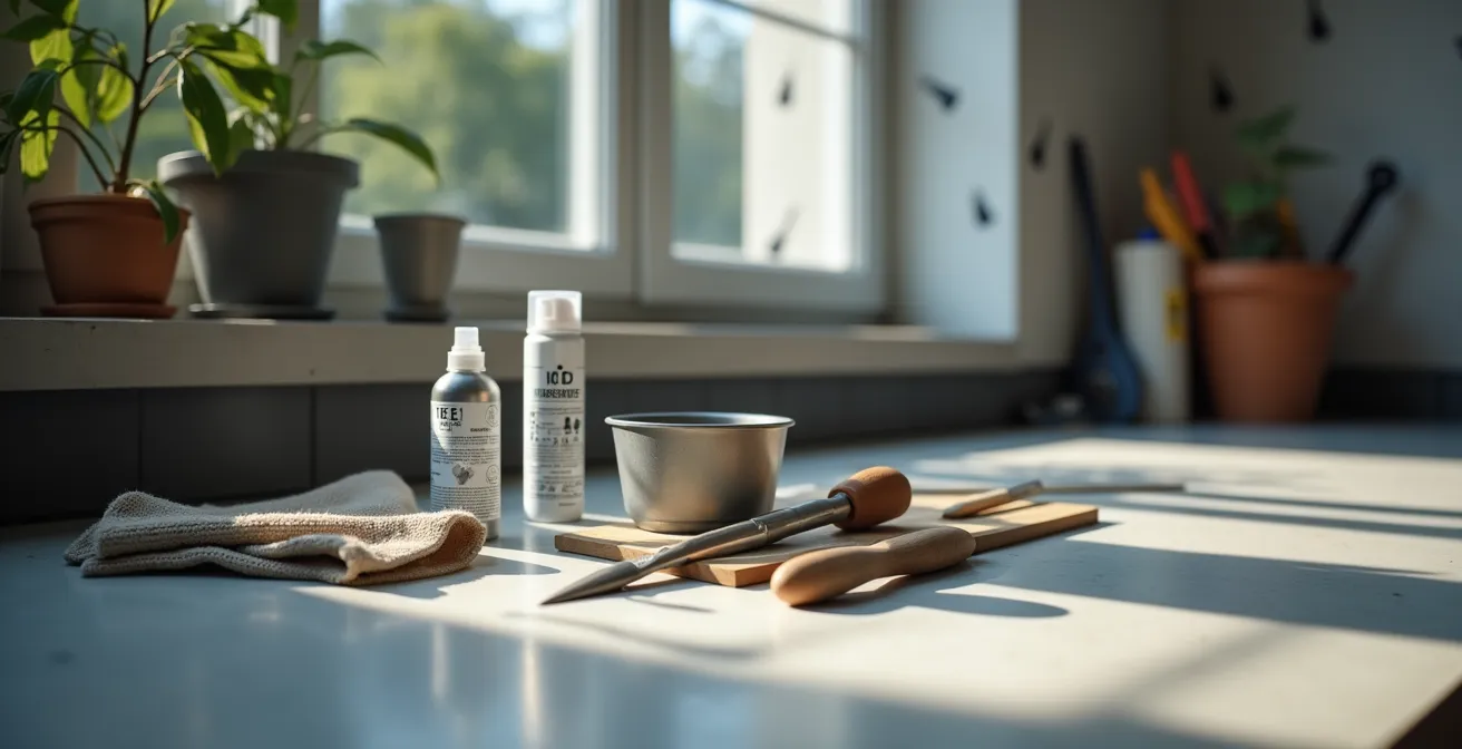 Kit d'entretien professionnel pour serrures avec spray à air comprimé et lubrifiant spécialisé disposés sur établi