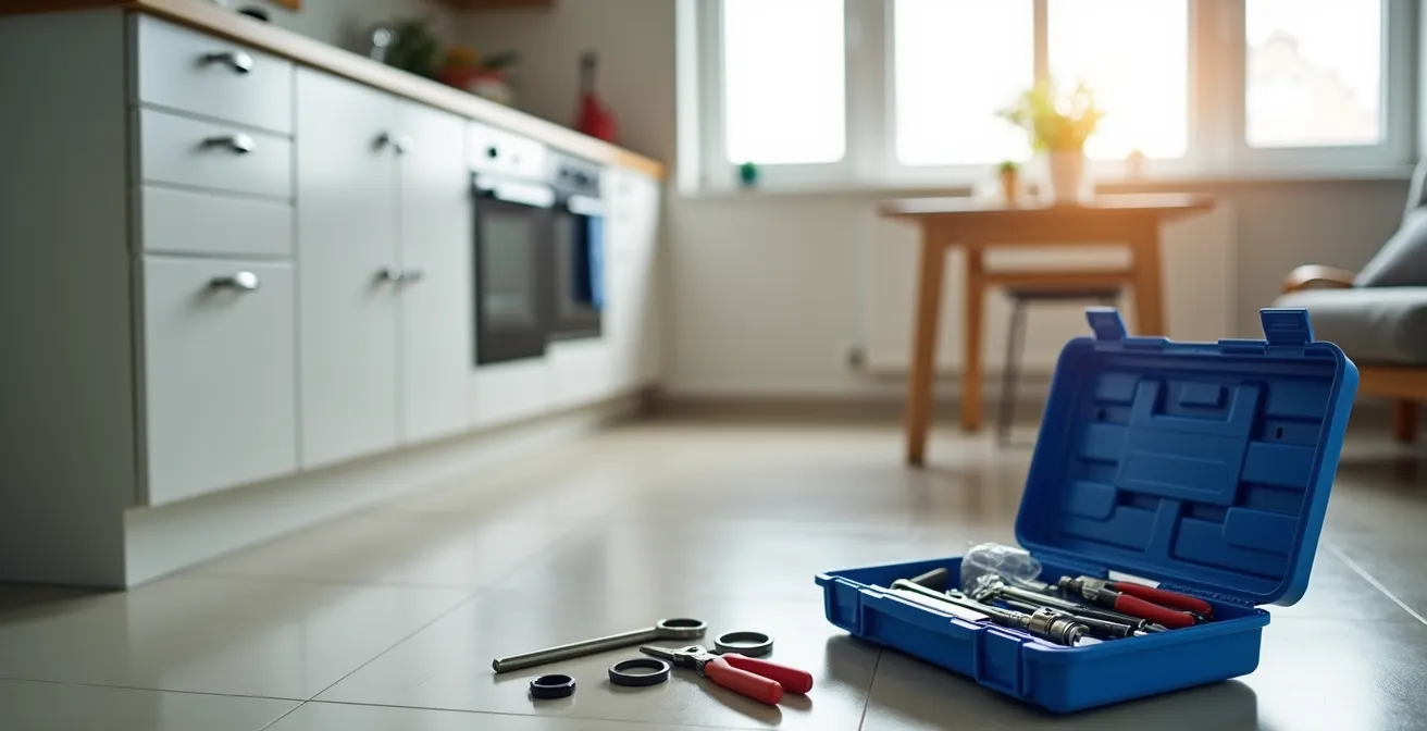 Kit d'outils de plomberie compact rangé dans une boîte organisée sur le sol d'un appartement.