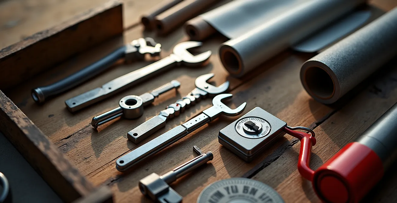 Kit d'urgence avec outils de sécurisation temporaire et équipement de serrurier professionnel disposés sur une table