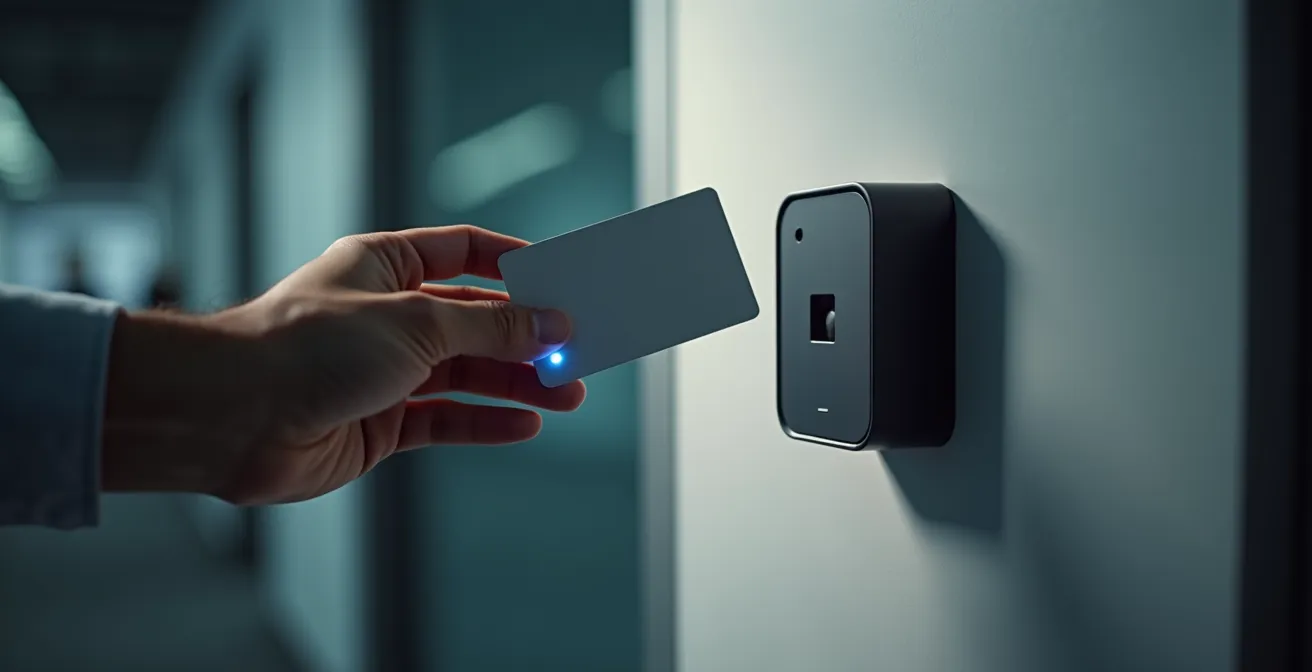 Gros plan sur une main approchant un badge d'un lecteur mural moderne