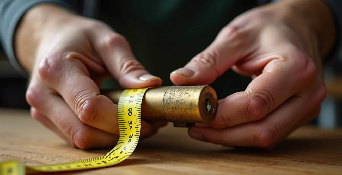 Mains mesurant un cylindre de serrure avec un mètre ruban sur une surface en bois