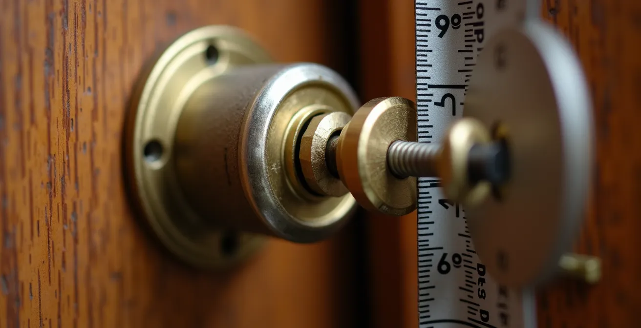 Mètre ruban mesurant un cylindre de serrure européen sur une porte