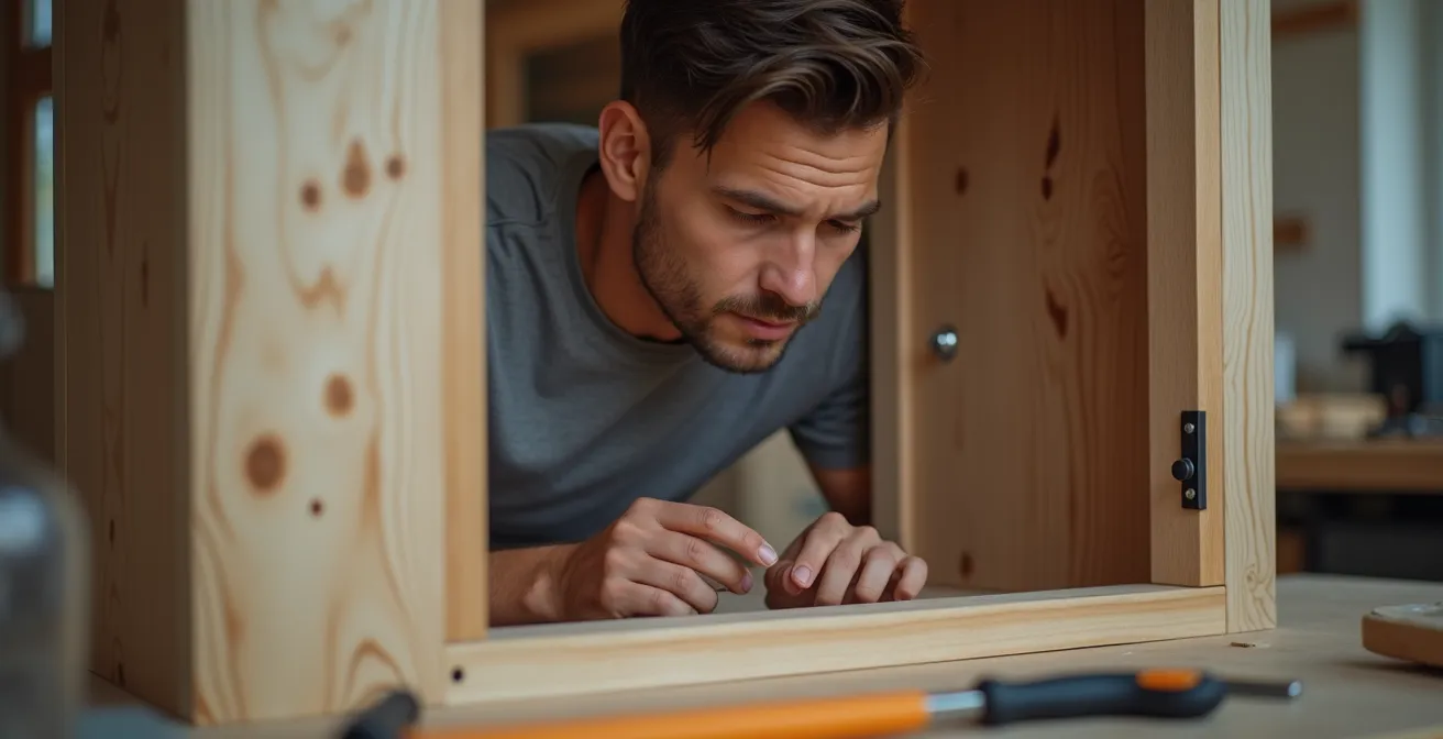 Professionnel analysant un meuble partiellement monté pour intervention de rattrapage