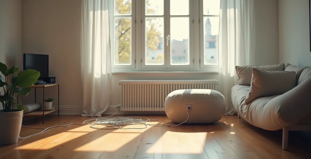 Vue environnementale d'un salon français montrant une installation électrique dangereuse avec trop d'appareils