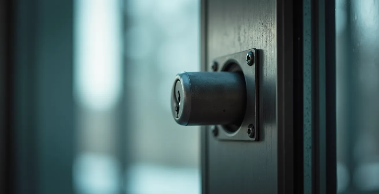 Gros plan sur une serrure haute sécurité avec une fenêtre fragile visible en arrière-plan flou