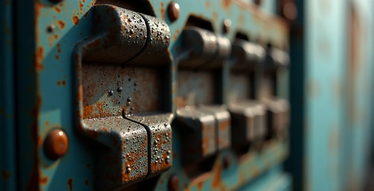 Vue macro d'un tableau électrique endommagé avec gouttelettes d'eau et système de protection
