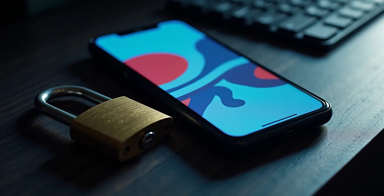 Écran de smartphone montrant des formes abstraites évoquant un réseau social avec cadenas symbolique