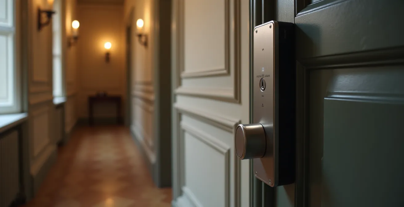 Serrure connectée moderne installée sur une porte d'entrée française