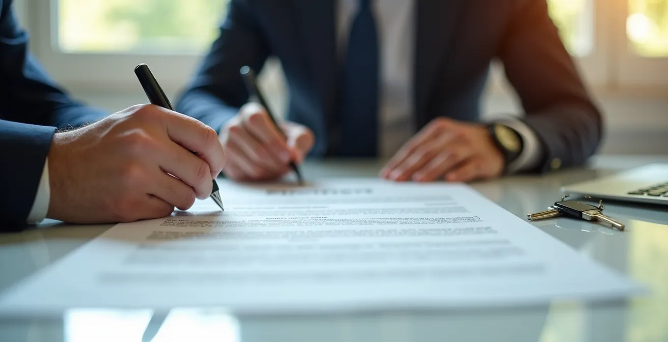 Mains signant un avenant de bail sur un bureau avec des clés sécurisées posées à côté