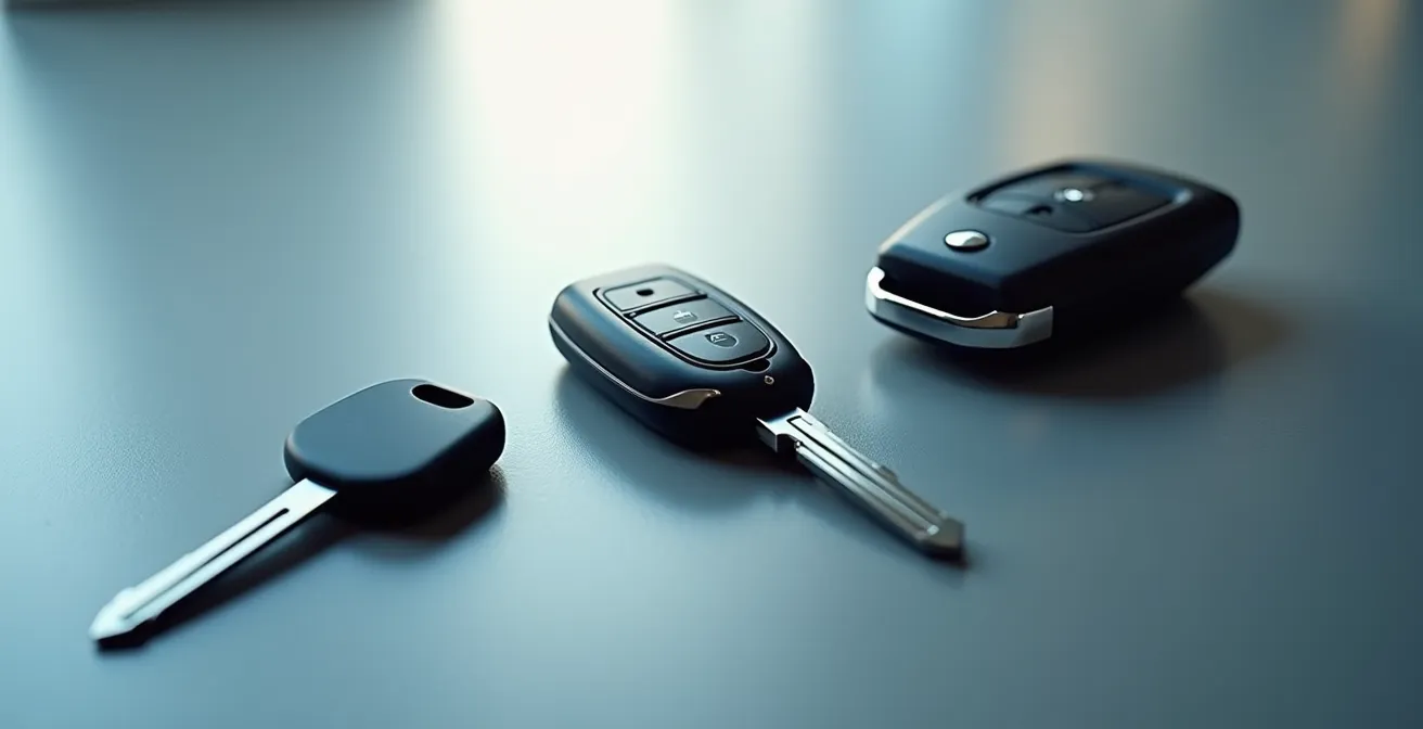 Vue artistique de différents types de clés de voiture avec étiquettes de prix floutées