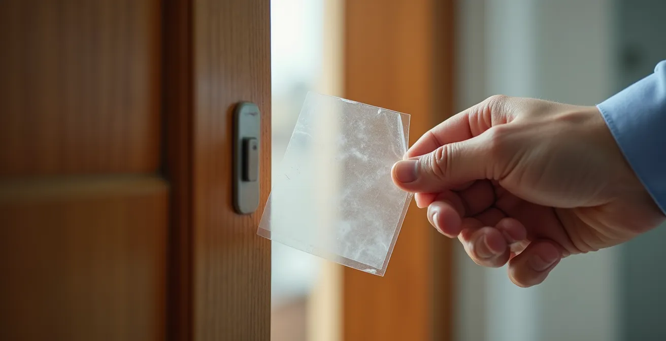 Gros plan sur une main insérant une feuille plastique entre une porte et son cadre