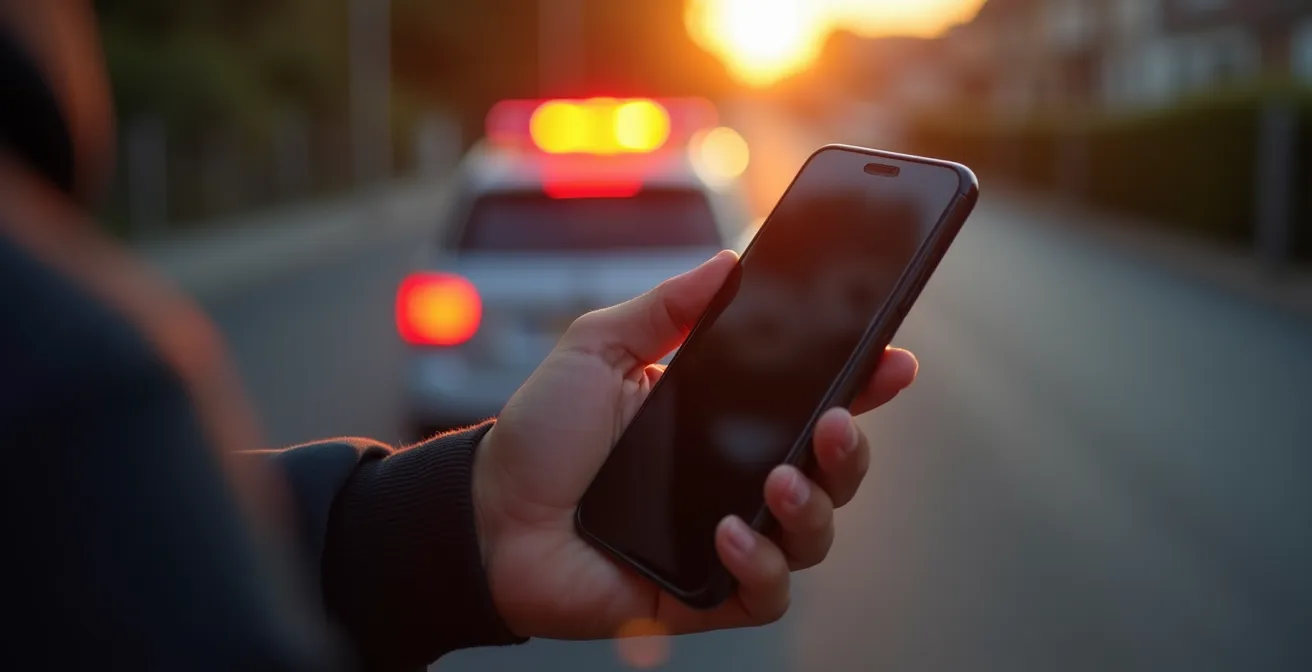 Main tenant un smartphone montrant un écran flou avec reflet de voiture en arrière-plan