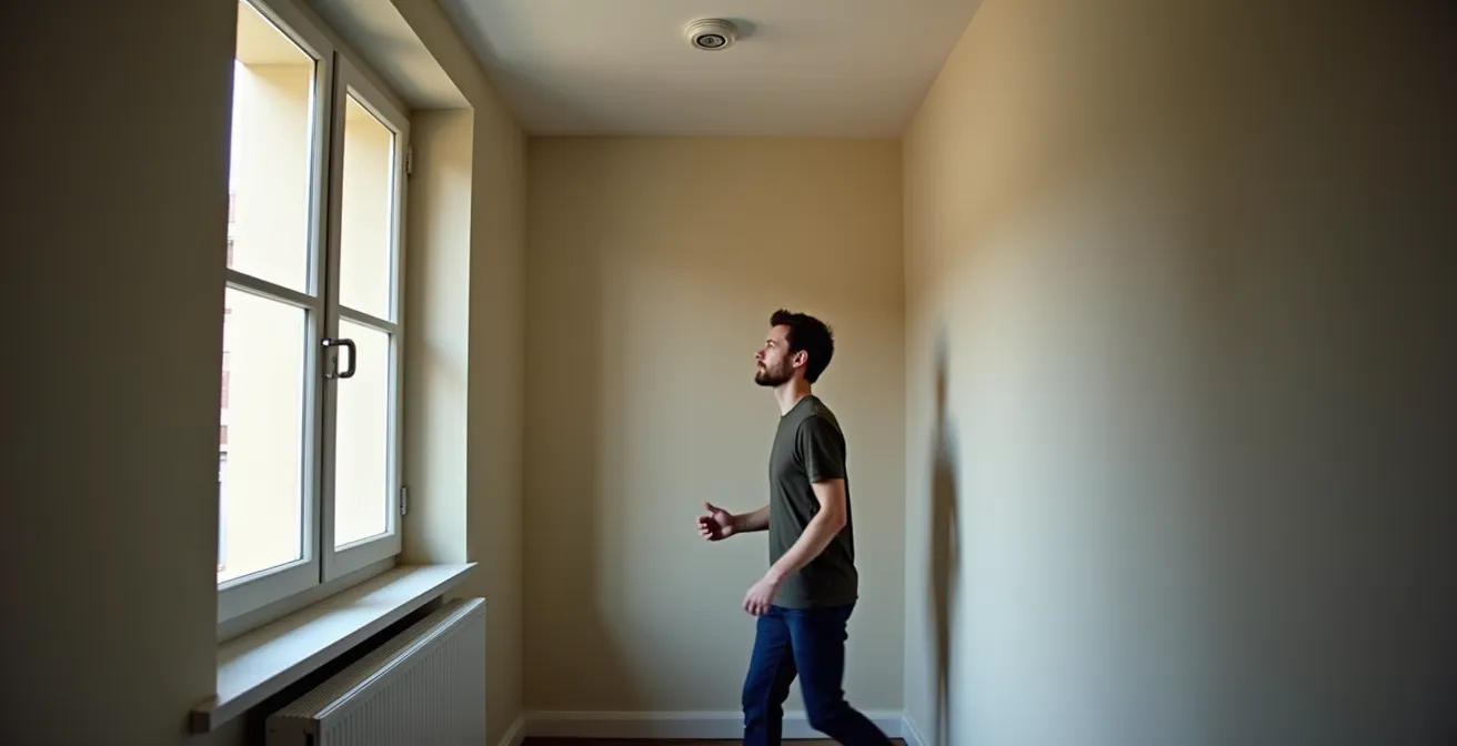 Personne effectuant un test de marche dans un couloir avec détecteur installé au plafond