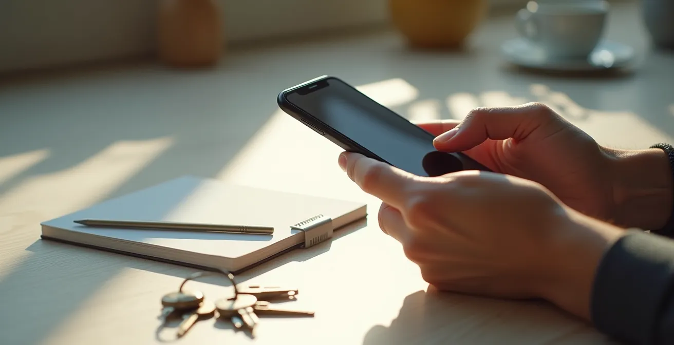 Personne vérifiant les informations d'un serrurier sur l'Annuaire des Entreprises via smartphone