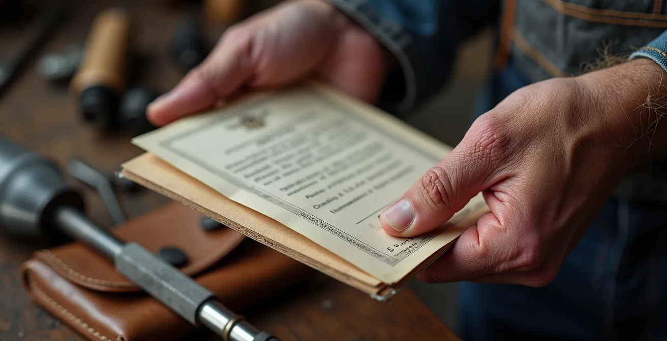 Gros plan sur les mains d'un serrurier tenant ses certifications professionnelles