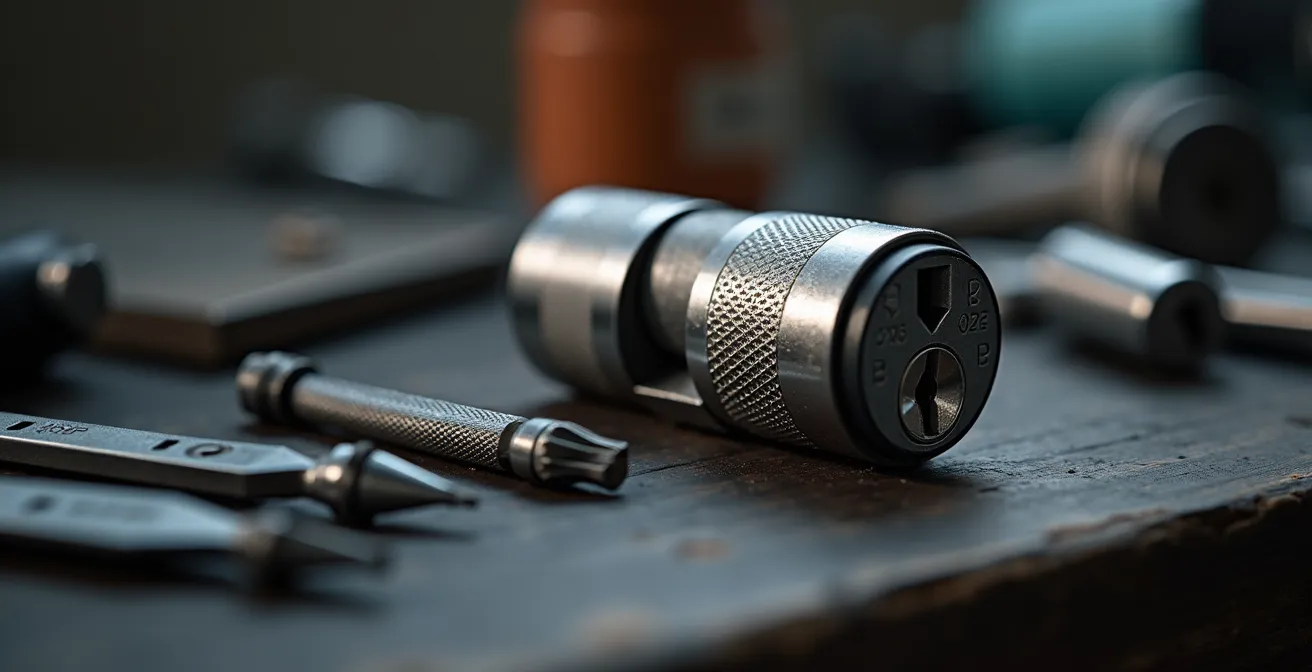 Gros plan sur une serrure certifiée A2P avec des outils professionnels de serrurier