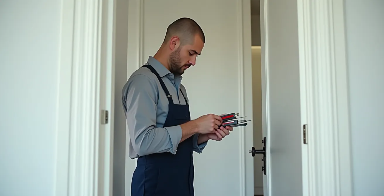 Expert serrurier examinant une serrure multipoints installée avec outils de contrôle