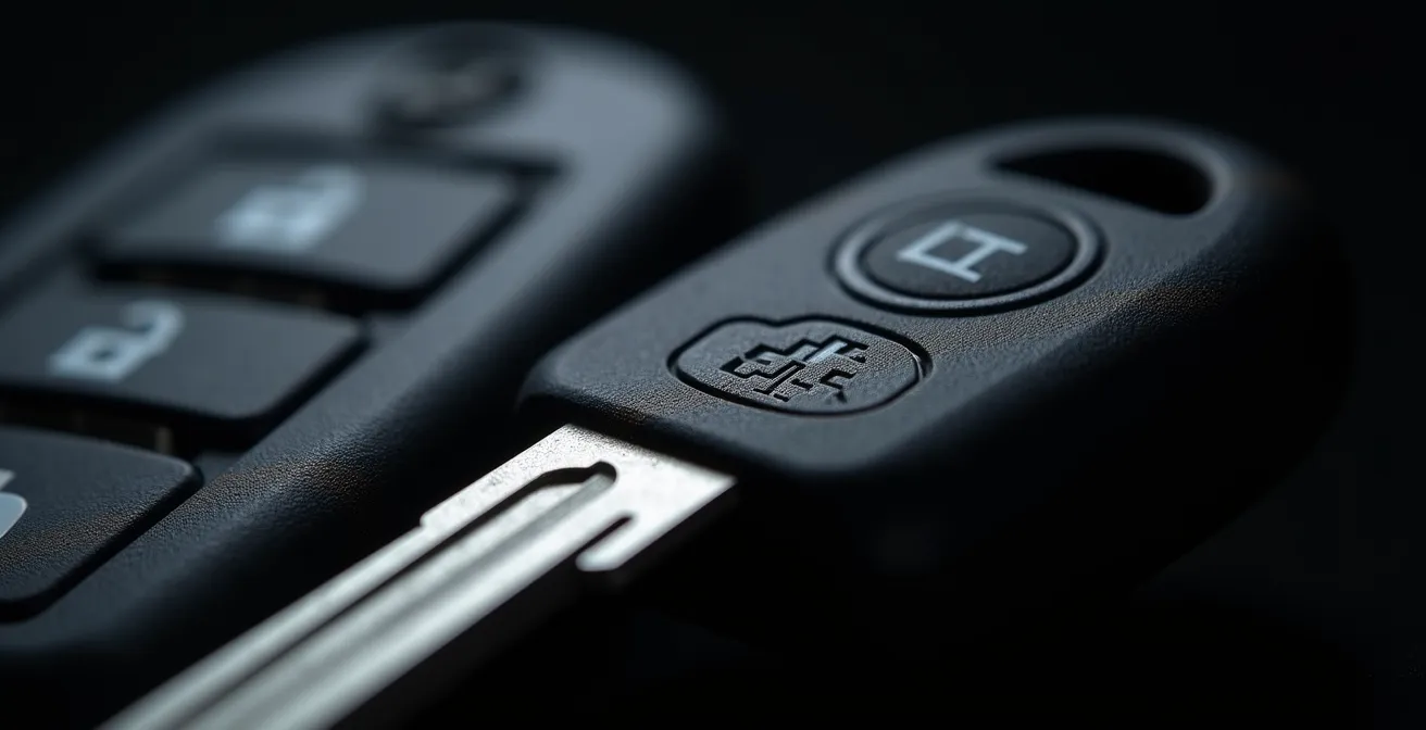 Gros plan macro sur une clé de sécurité haute protection avec transpondeur visible