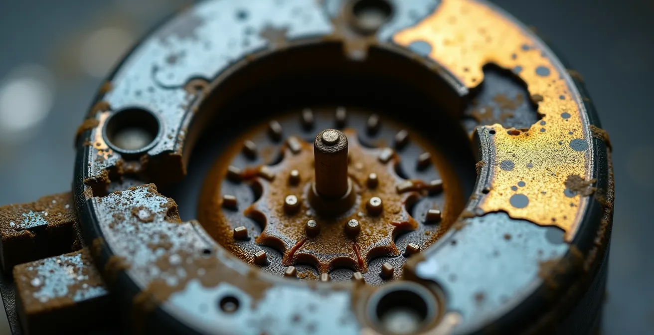 Vue macro d'un barillet de serrure avec résidus de colle et goupilles bloquées visibles à l'intérieur