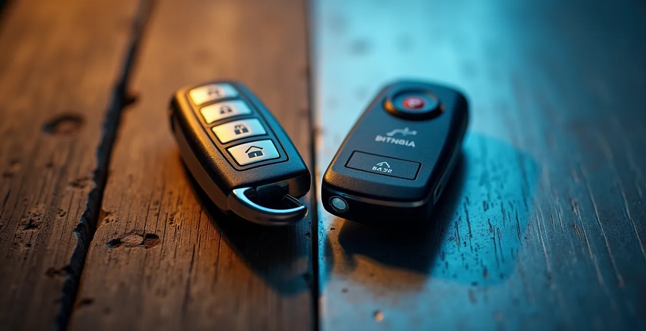 Comparaison visuelle entre une clé de voiture classique de 2015 et un système de clé moderne de 2022