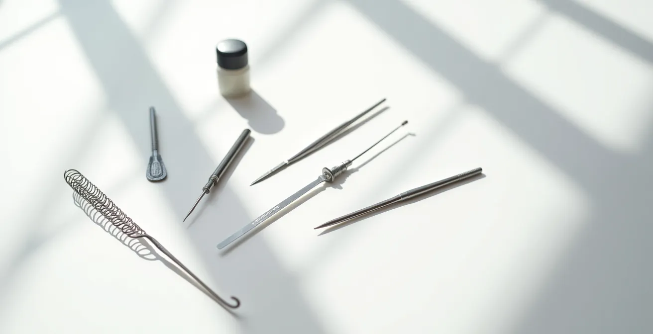 Arrangement minimaliste d'outils d'extraction sur surface blanche avec ombres douces