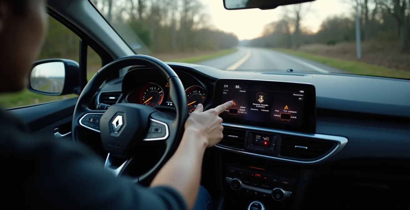 Vue intérieure d'un tableau de bord Renault avec main actionnant le bouton de centralisation